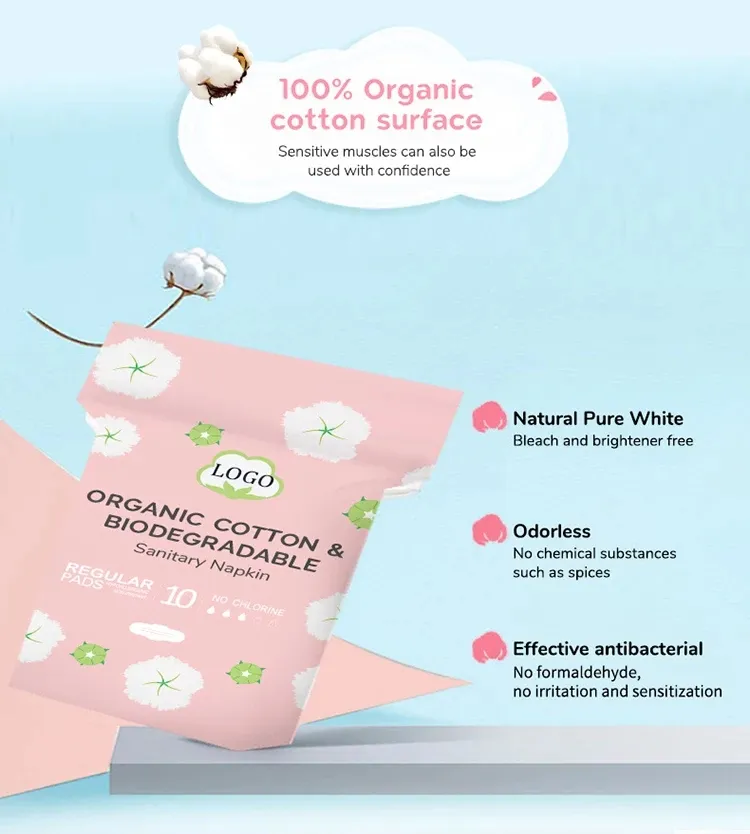 Toallas sanitarias desechables de algodón puro orgánico de alta absorbencia, biodegradables, suaves y no tejidas para mujeres