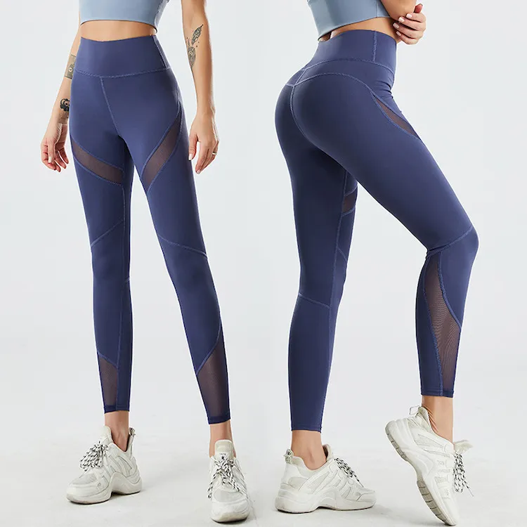 Mallas ajustadas moradas elásticas con inserciones de malla transparentes para entrenamiento, mallas de yoga para mujeres, personalización de logotipo de fábrica, pantalones de yoga que levantan el trasero, ropa deportiva de fitness