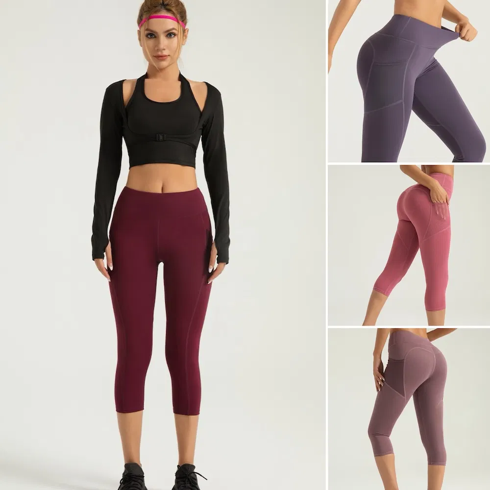 Ropa de gimnasio de poliéster para mujeres al por mayor, pantalones de yoga con bolsillos de malla, ropa atlética personalizada con logo que levanta el trasero, mallas ajustadas para correr, 3/4 mallas capri deportivas