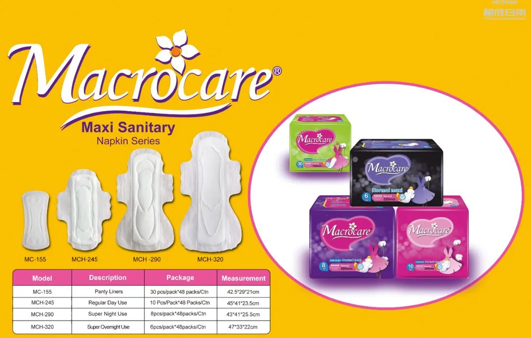 Fabricante de toallas sanitarias desechables de algodón maxi para mujeres Macrocare