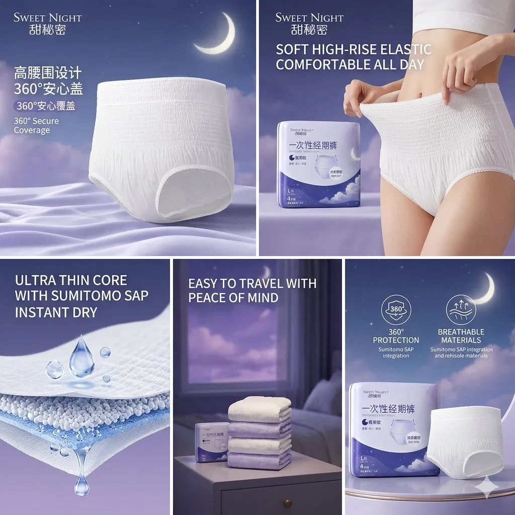 Ropa interior menstrual de cintura baja OEM ODM, ultra delgada, suave, transpirable y de alta absorción