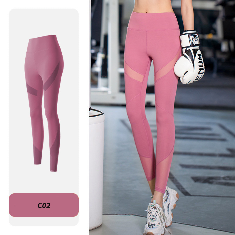 Mallas ajustadas moradas elásticas con inserciones de malla transparentes para entrenamiento, mallas de yoga para mujeres, personalización de logotipo de fábrica, pantalones de yoga que levantan el trasero, ropa deportiva de fitness