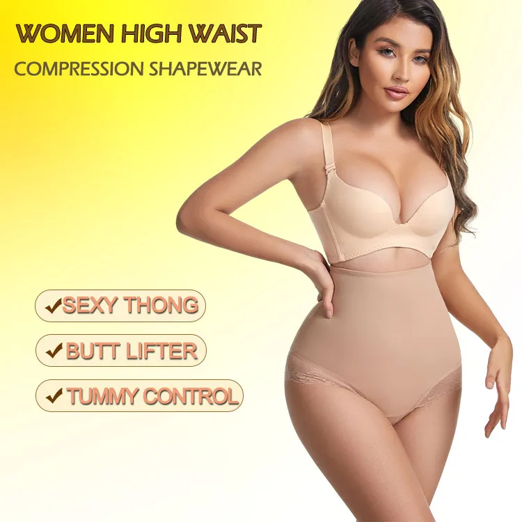 Pantalones moldeadores de cintura alta con acentos de encaje y espalda en T para el posparto