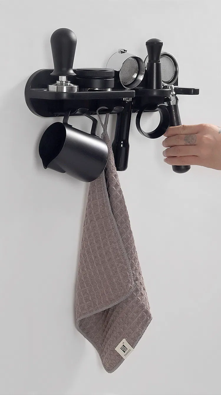 Organizador de manijas de máquina de espresso, paño, polvo, prensa, estante para el hogar, estante montado en la pared