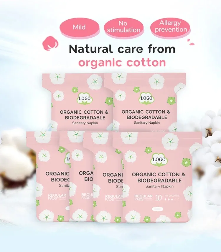 Toallas sanitarias desechables de algodón puro orgánico de alta absorbencia, biodegradables, suaves y no tejidas para mujeres