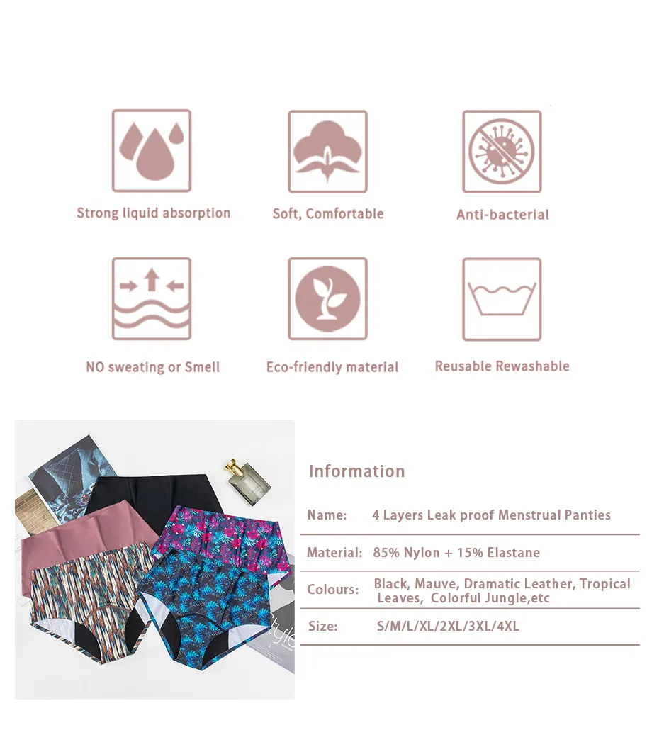 Mayorista de Ropa Interior Menstrual de Cuatro Capas a Prueba de Fugas y Absorbente Sin Costuras de Talla Grande con Cintura Alta para Mujeres