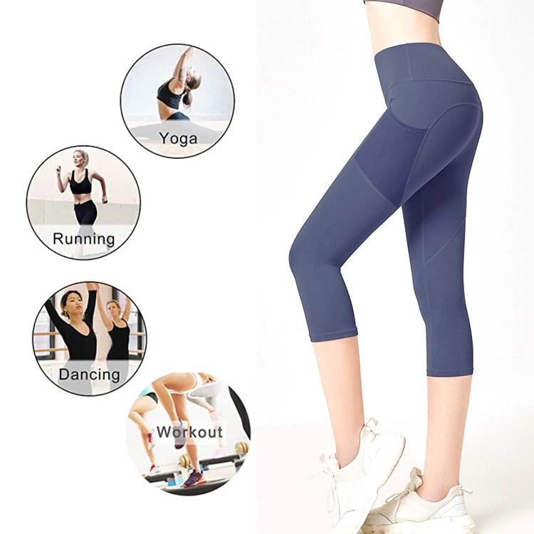 Ropa de gimnasio de poliéster para mujeres al por mayor, pantalones de yoga con bolsillos de malla, ropa atlética personalizada con logo que levanta el trasero, mallas ajustadas para correr, 3/4 mallas capri deportivas