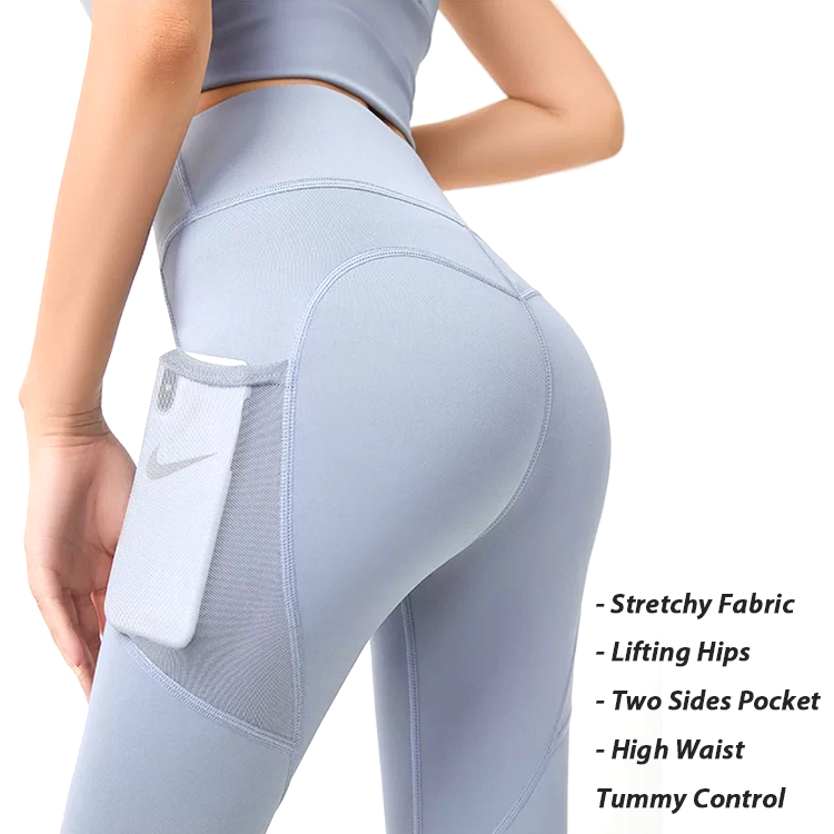 Ropa de gimnasio de poliéster para mujeres al por mayor, pantalones de yoga con bolsillos de malla, ropa atlética personalizada con logo que levanta el trasero, mallas ajustadas para correr, 3/4 mallas capri deportivas