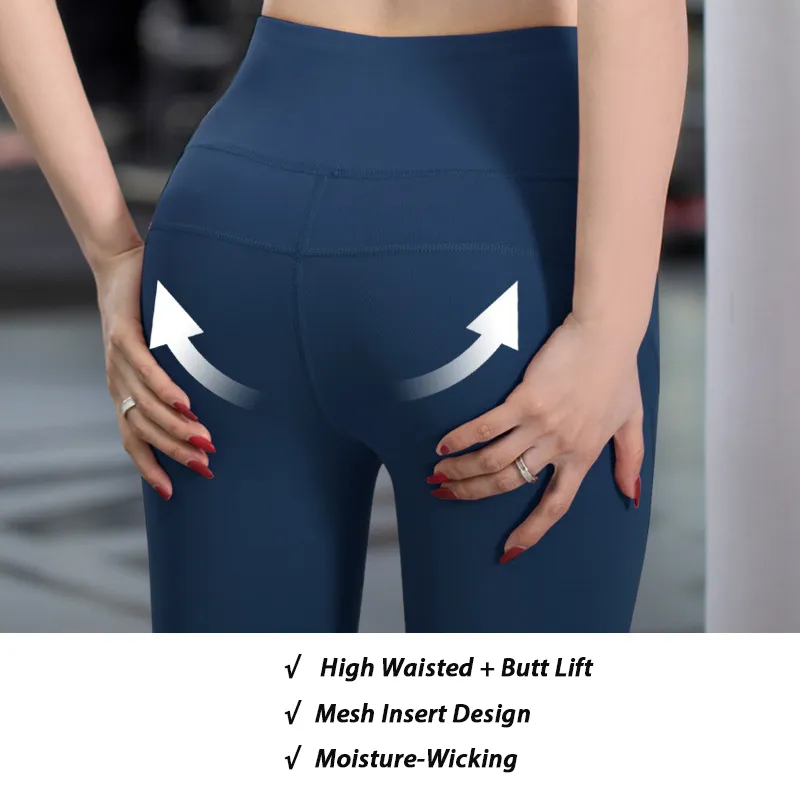 Mallas ajustadas moradas elásticas con inserciones de malla transparentes para entrenamiento, mallas de yoga para mujeres, personalización de logotipo de fábrica, pantalones de yoga que levantan el trasero, ropa deportiva de fitness