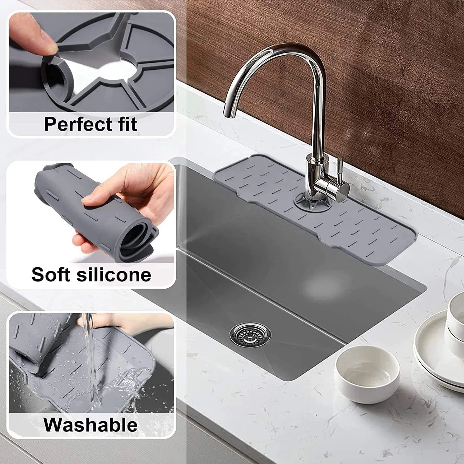 Tapete de silicona para cocina y baño - Bandeja para goteo de grifo con asa para fácil colocación