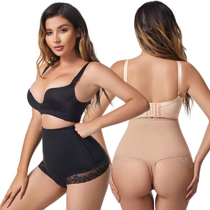 Pantalones moldeadores de cintura alta con acentos de encaje y espalda en T para el posparto