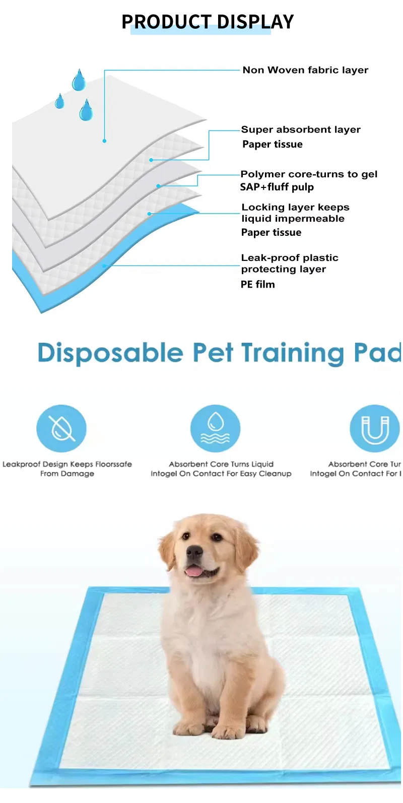 Alfombrilla desechable para mascotas a prueba de fugas 5-Layer almohadillas de entrenamiento para perros