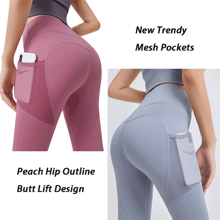 Pantalones de yoga activos de poliéster con malla y bolsillos para teléfono para mujer, ropa elástica para mujeres, control de abdomen, mallas deportivas ajustadas para gimnasio y fitness