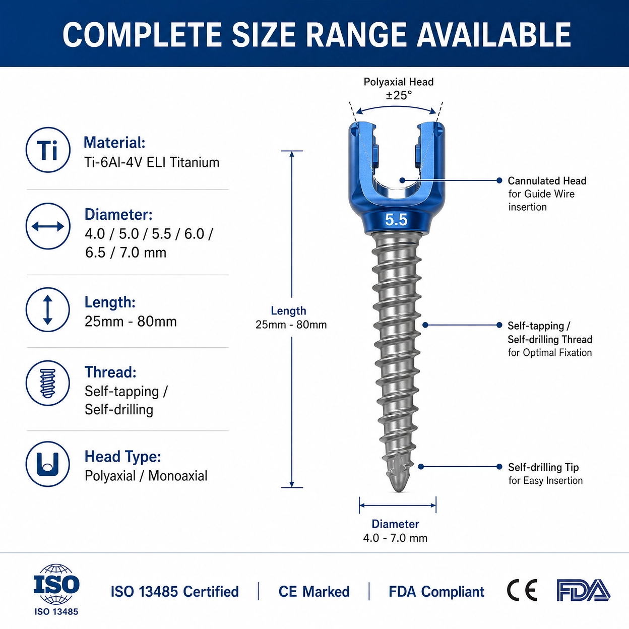 Factory Price 5.5mm Pedicle Screws Spinal Fixation System Titanium Orthopedic Spine Implants for Posterior Fixation