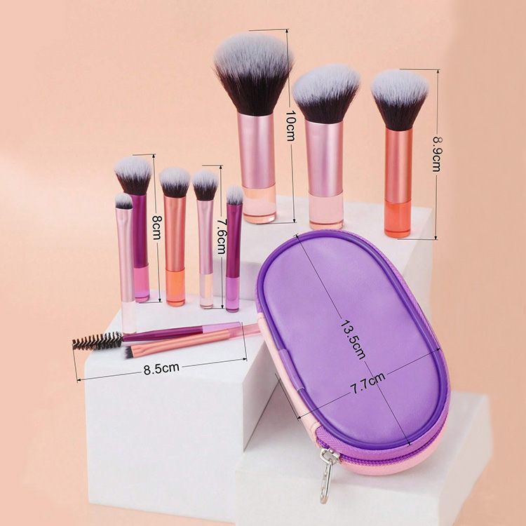 10 PCS Vegan Soft Synthetic Makeup Brush Set Portable Travel-friendly Full Face Makeup Brush Kit with PU Bag for Lips Use