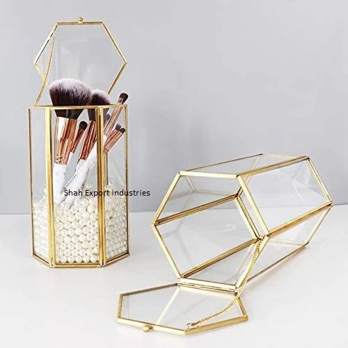 Set of 2 Gold Makeup Brush Holder Organizer Brass/Glass Makeup Brush Cup Vintage Style Cosmetic Brushes Holder