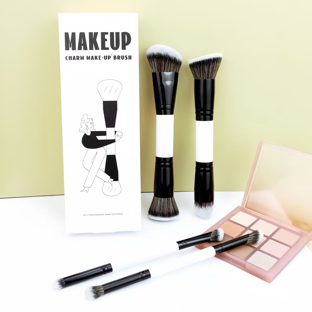Multi-Functional 4pcs Single Double-Ended Round Wood Handle Angular Blush Custom Logo Face&amp;Eye Concealer Foundation Brush