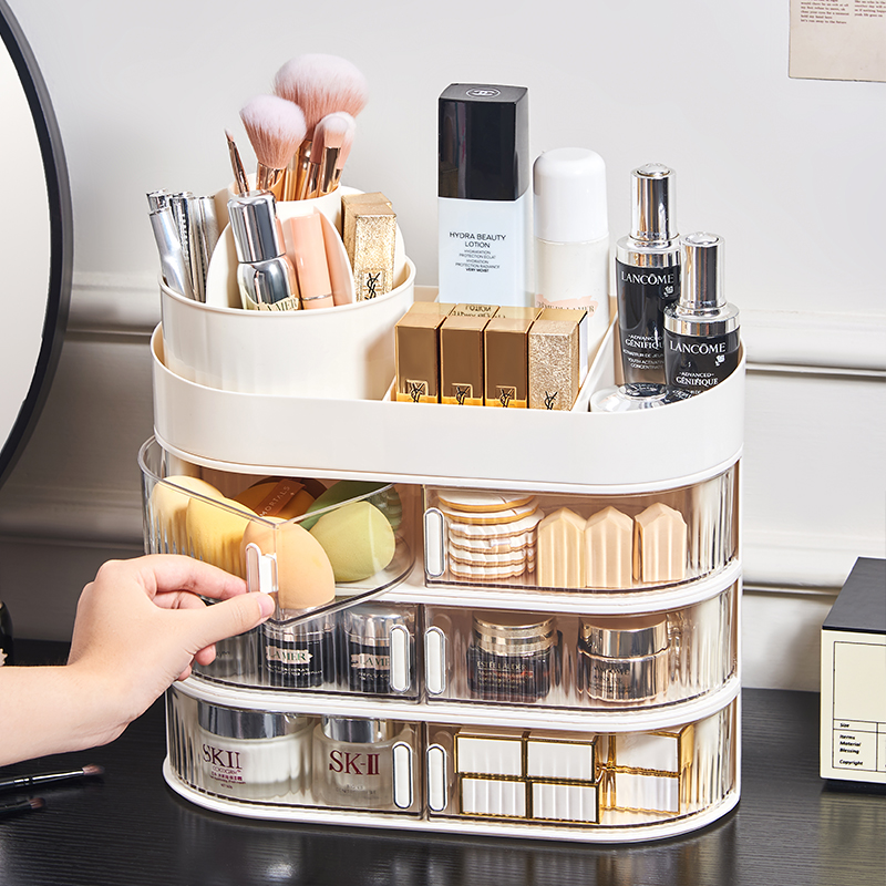 WANUO Fashion 2/3-Tier Plastic Makeup Organizer Multifunctional Makeup Organizer With Rotating Makeup Brush Set Holder