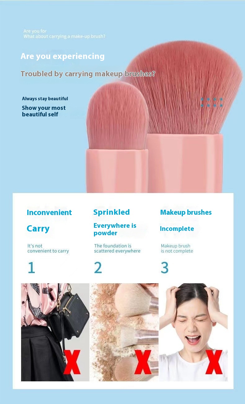 Multifunctional Portable Beauty Tools 5pcs Cosmetic Brush Set with Mirror Powder and Blush Brush for Face Application