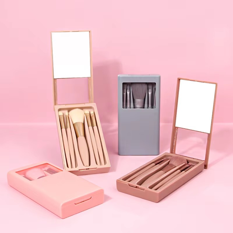 HMU 5pcs Mini Small Size Eye Shadow Kit Travel Eyeshadow Cosmetics Makeup Brush Set With Mirror Case