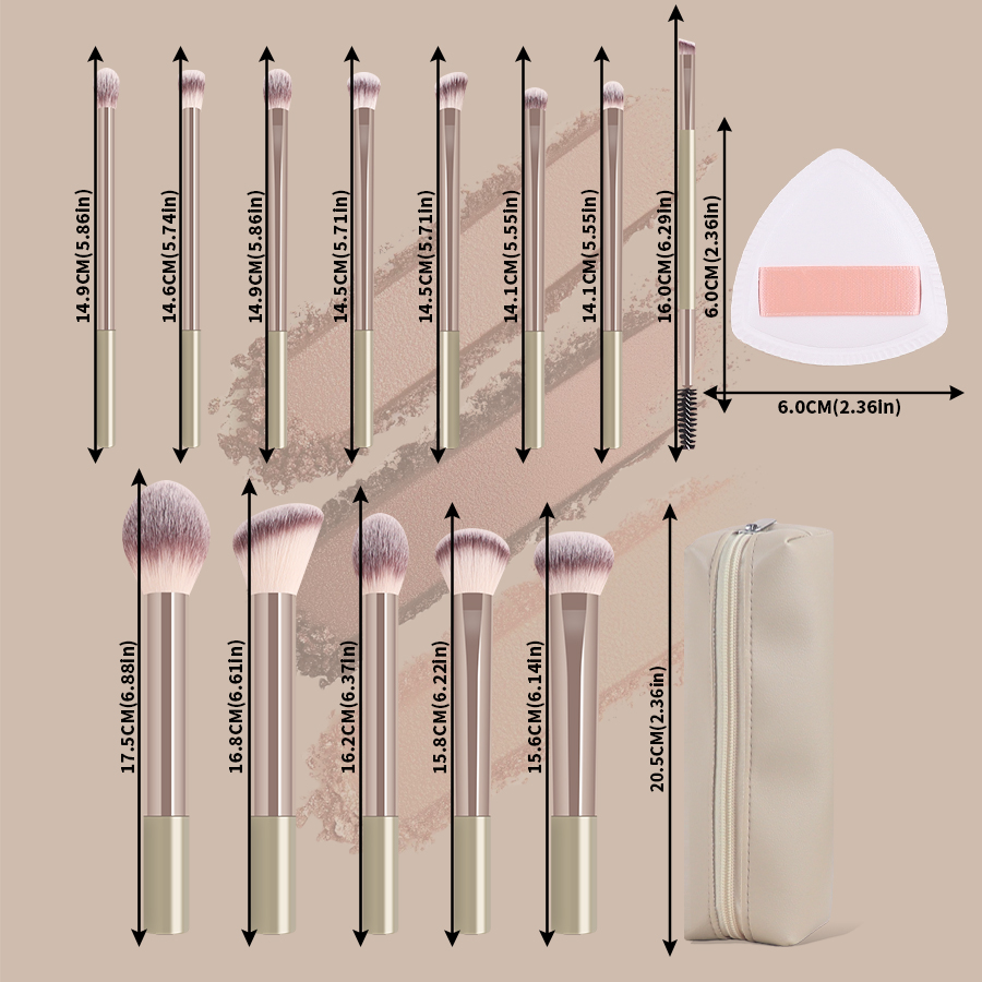 14-Piece Professional Face Makeup Brush Set with Synthetic Hair Flat Brushes Gold Metal Handle Travel Case &amp; Powder Puffs