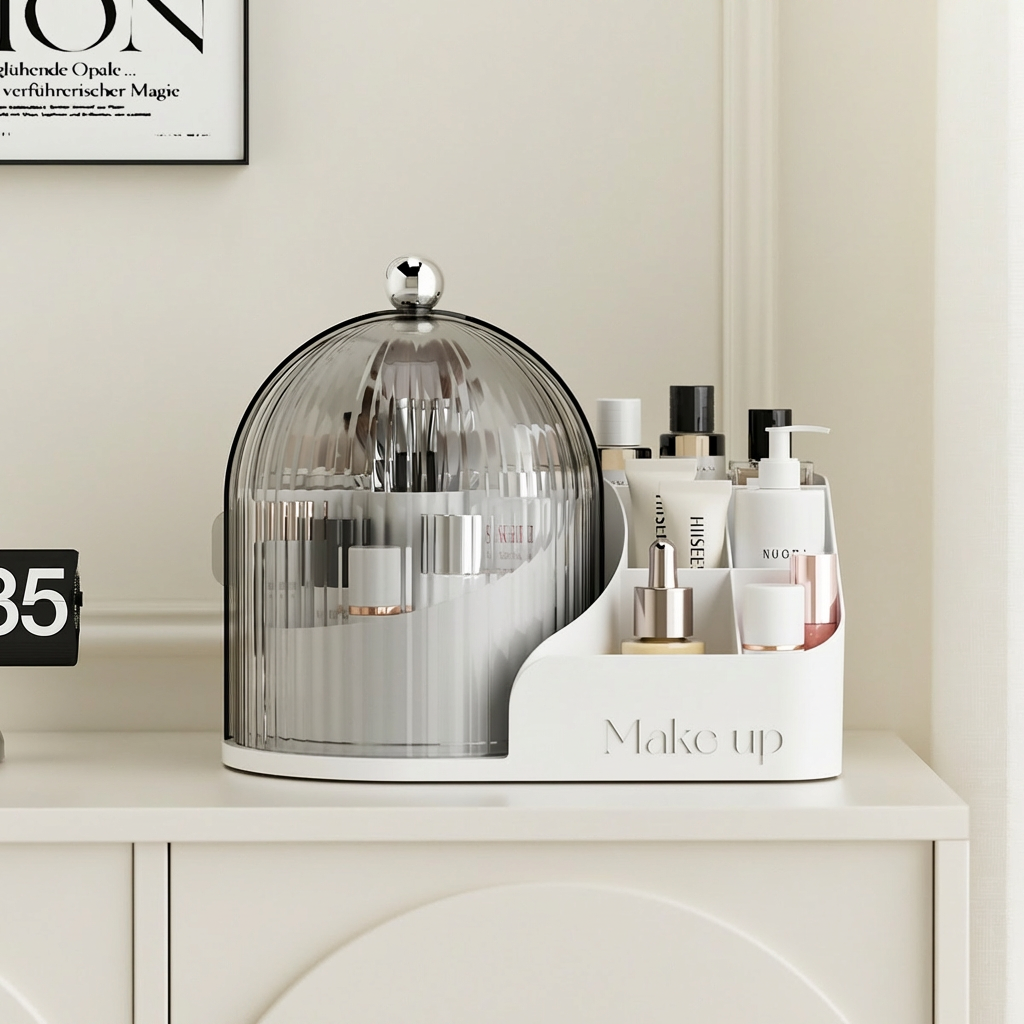 Makeup Storage Box Transparent Rotating Makeup Brush Set Dust-Proof Compartmentalized Lipstick &amp; Eyebrow Pencil Desk Organizer