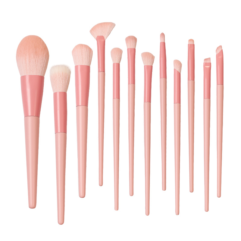 Wholesale Vegan &amp; Cruelty-Free 12 Pcs Makeup Brush Set Solid Wood Handle Matte Pink High-density No Shedding For Beauty Salon