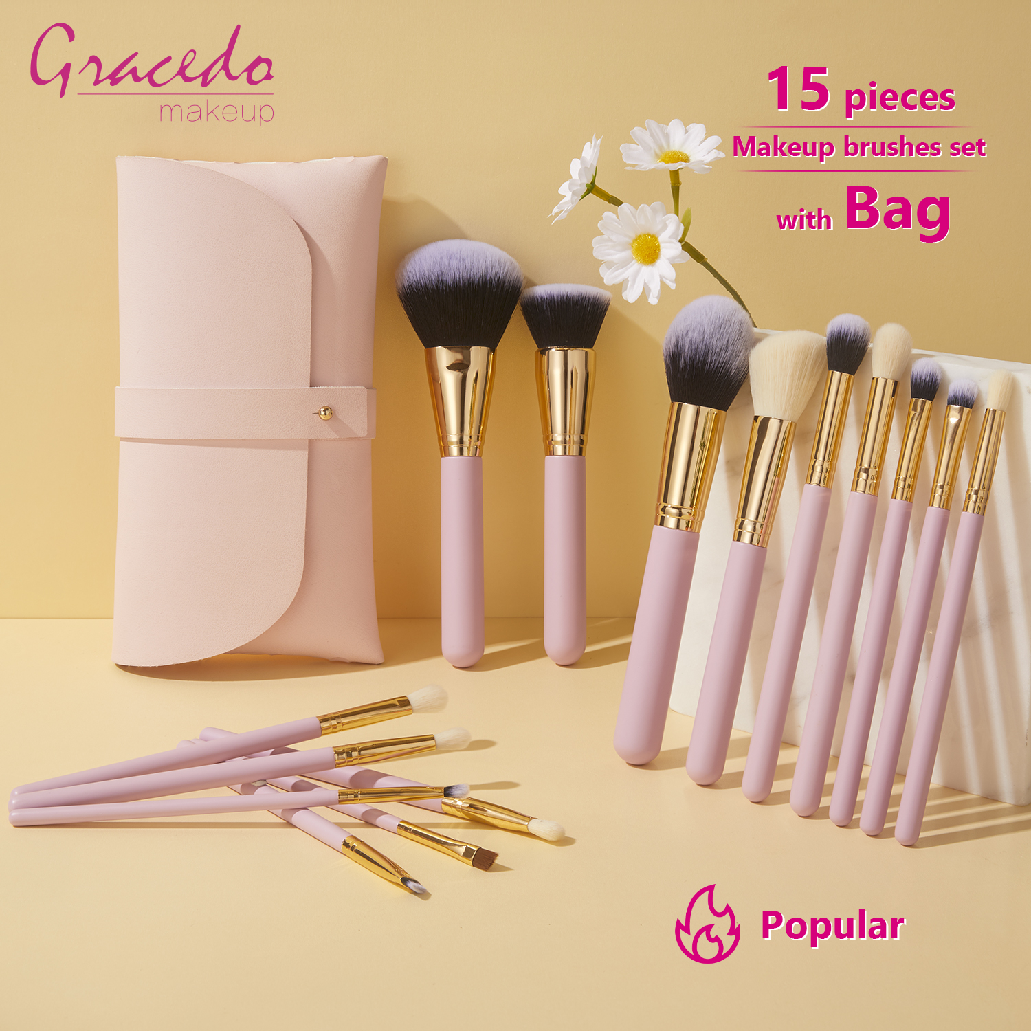 Gracedo 15 Pieces Black Makeup Brush Set High Quality Professional Custom logo Luxury Low Moq Makeup Brush Set with Bag