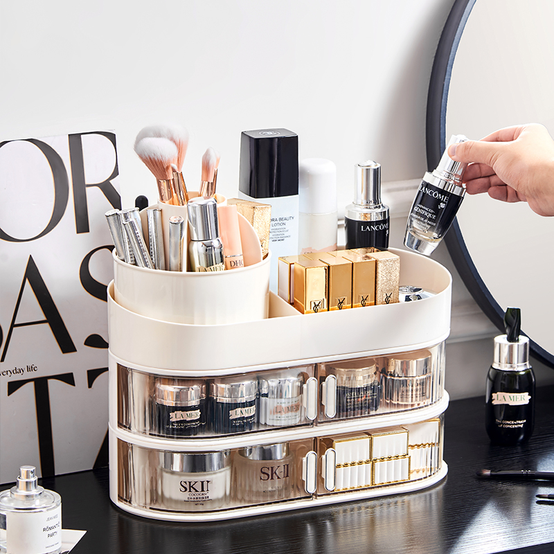 WANUO Fashion 2/3-Tier Plastic Makeup Organizer Multifunctional Makeup Organizer With Rotating Makeup Brush Set Holder