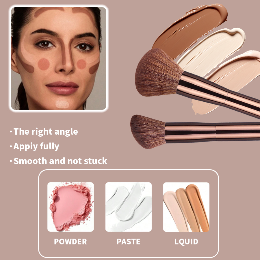 4Pcs Curved Foundation &amp; Contour Brushes Set with Premium Synthetic Hair Bristles Metal Rose Gold Handle for Face Makeup