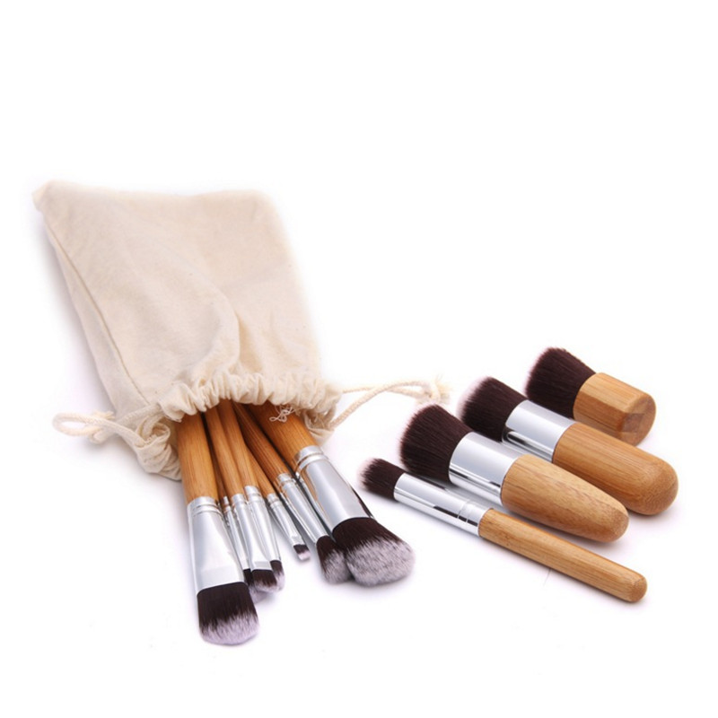 Custom logo 11pcs Makeup Brush Set Foundation with Cloth Bag Eco-friendly Bamboo Make up Brush Set Pincel De Maquiagem Kit