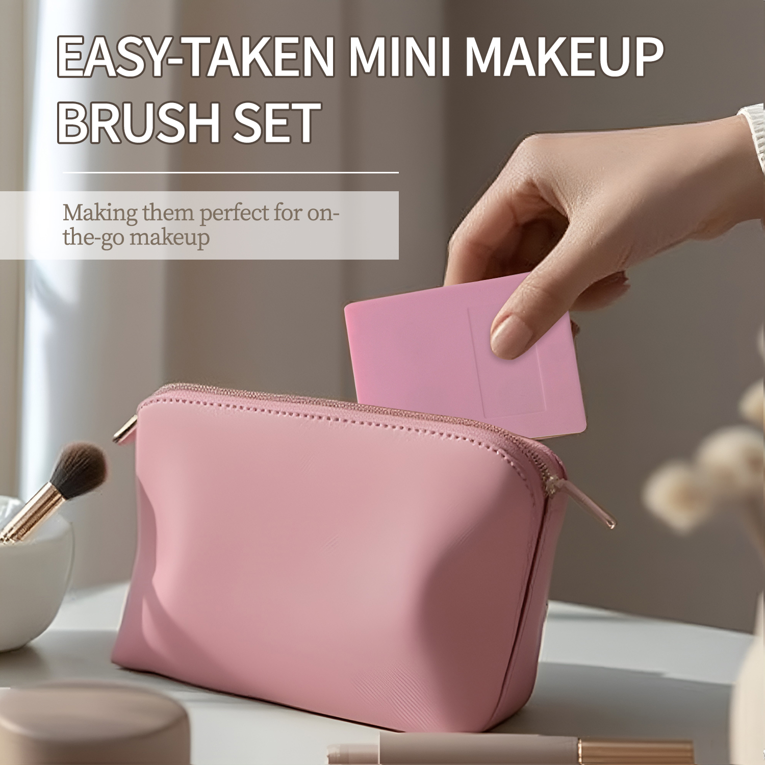 Cute Portable 5-Piece Pink Mini Travel Face Makeup Brush Set with Fan Brush Waterproof Cosmetic Kit with Mirror Eyebrow Pencil