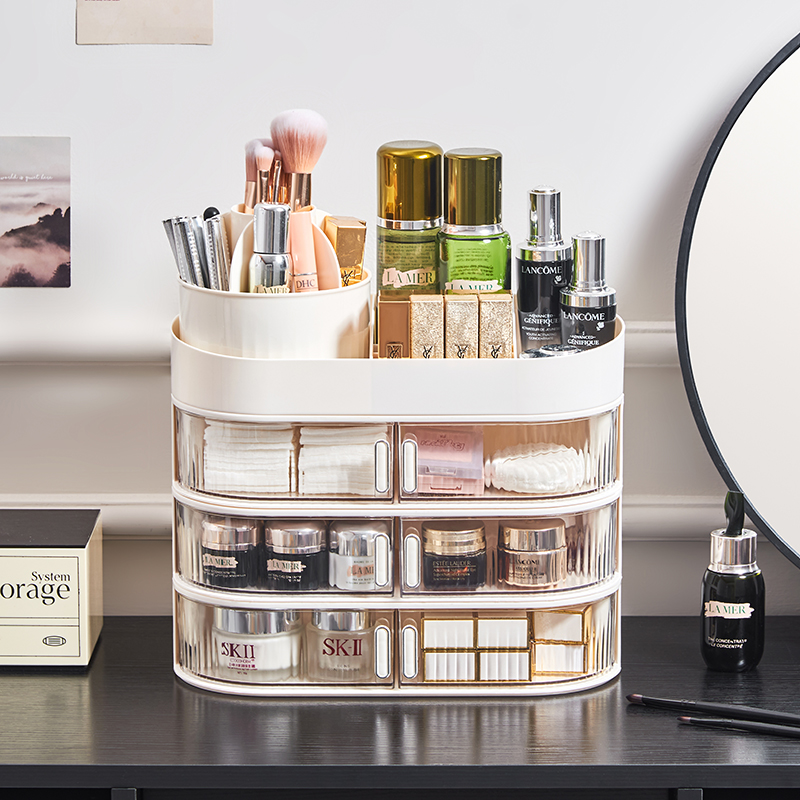 WANUO Fashion 2/3-Tier Plastic Makeup Organizer Multifunctional Makeup Organizer With Rotating Makeup Brush Set Holder