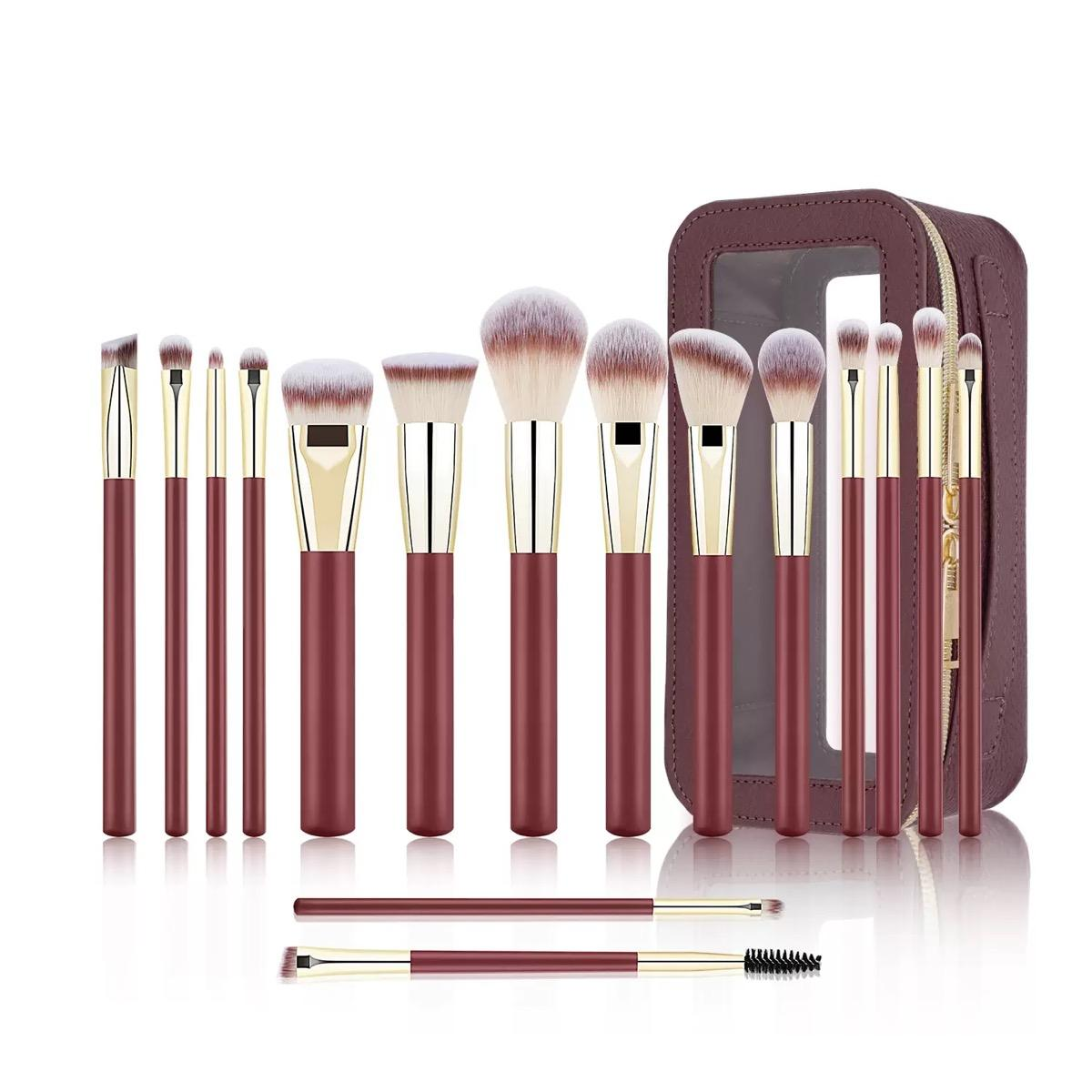 Wholesale Professional Vegan Makeup Brushes with Custom Logo Flat Synthetic Hair for Concealer Eyeliner-Red Cosmetics Set Bag