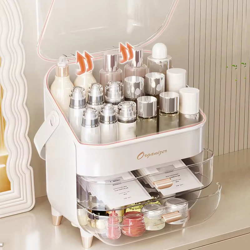3 Pcs Makeup Organizer with Make up Brush Holder &amp; Lipstick Storage Box for Bathroom Vanity 2 Drawer Cosmetic Display Case
