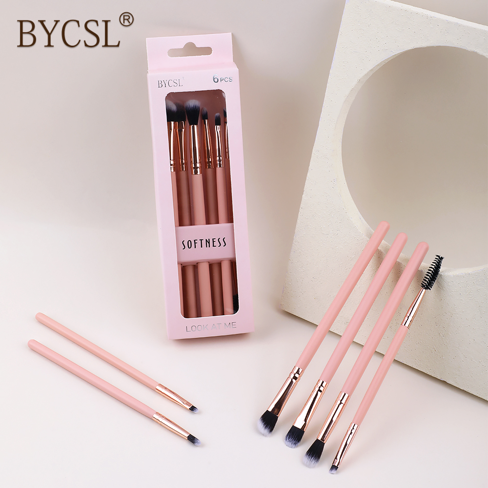 Eco-friendly Wooden Handle Synthetic Hair Custom logo Wholesale Supply 6-pieces pink Makeup Brush Set Eyes Eyeshadow Brush