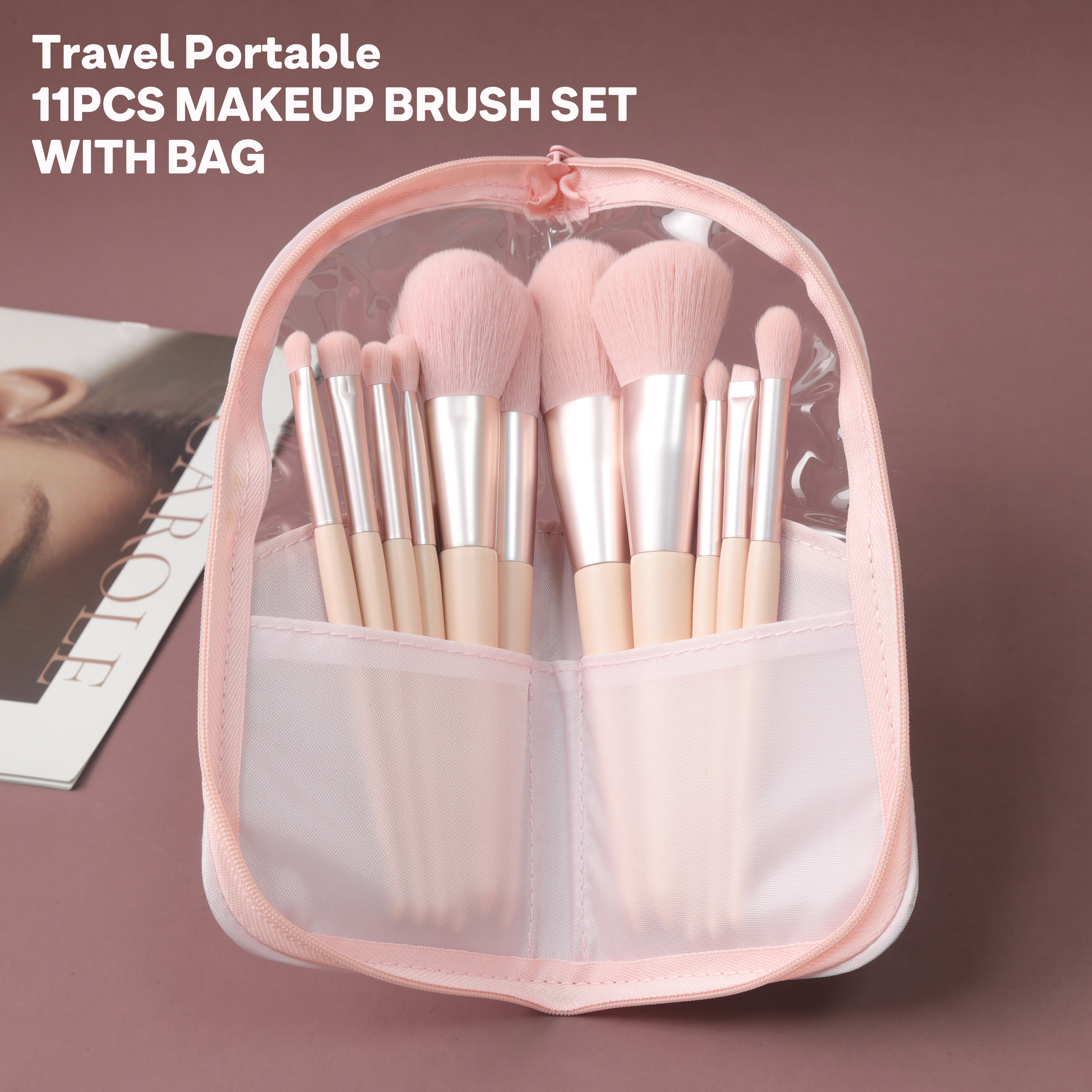 11pcs Makeup Brush Set Elegant Vegan Pink Wooden Handle Custom Logo Cosmetic Foundation Concealer Blush Brushes With Bag