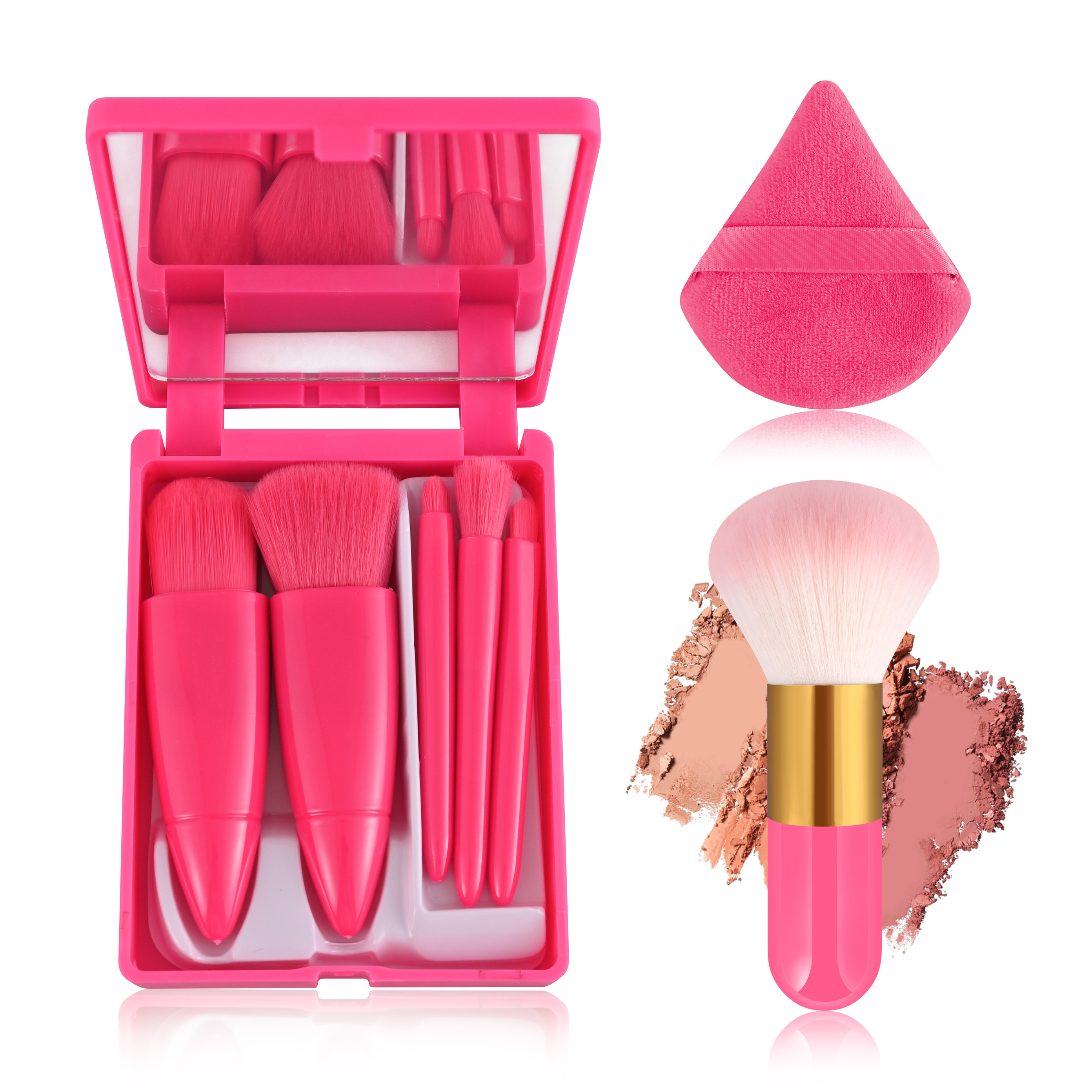 Delivery Within 72H Pink Cute Portable 5Pcs Mini Travel Make up Cosmetic Kabuki Brush Set Cosmetic Brushes Kit With Mirror