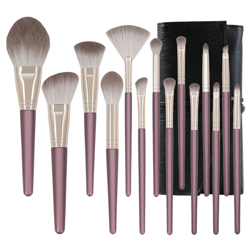 New Portable 14 PCS Make up Brushes Professional Private Label Luxury Vegan Purple Full Kit Makeup Brush Set with PU Bag