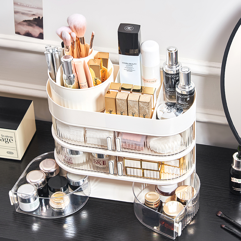 WANUO Fashion 2/3-Tier Plastic Makeup Organizer Multifunctional Makeup Organizer With Rotating Makeup Brush Set Holder