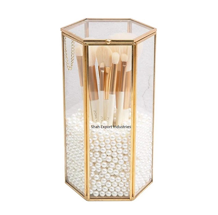 Set of 2 Gold Makeup Brush Holder Organizer Brass/Glass Makeup Brush Cup Vintage Style Cosmetic Brushes Holder