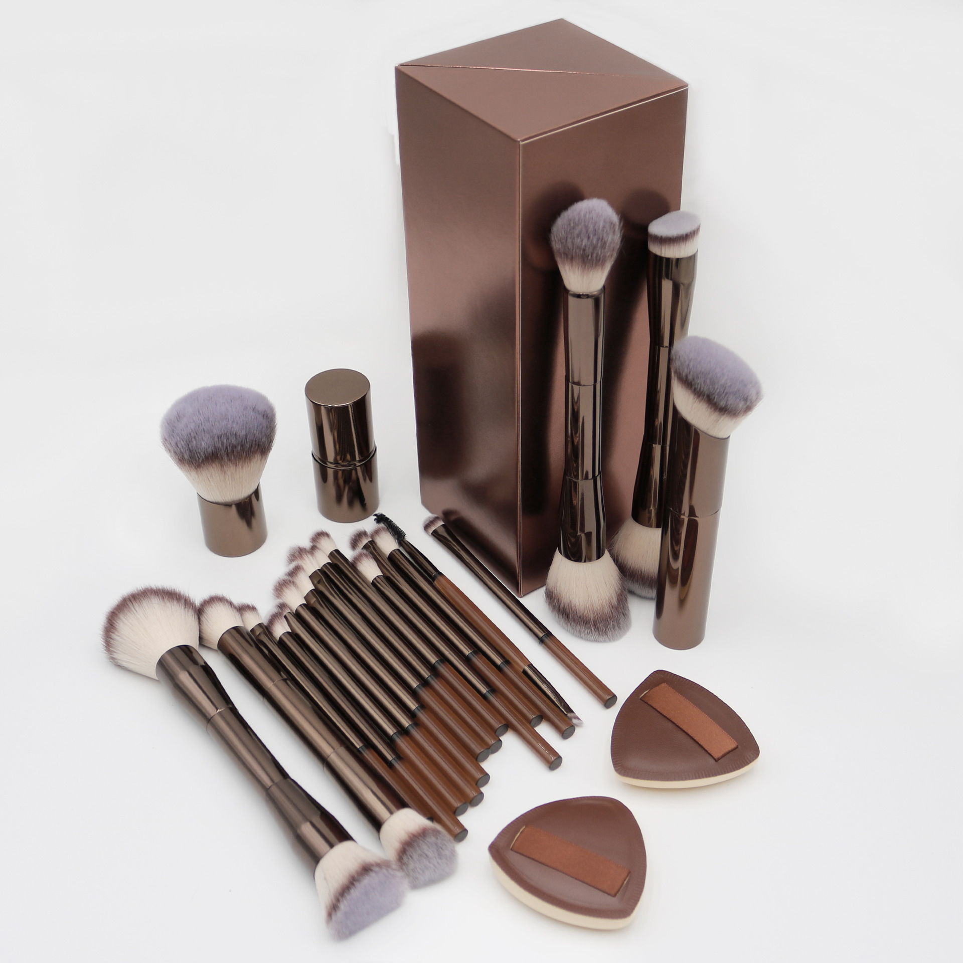 20 Piece Makeup Brush Collection Aluminum Metal Handle Flat Face Contour Concealer Blush Blending Tool Bulk Wholesale Custom