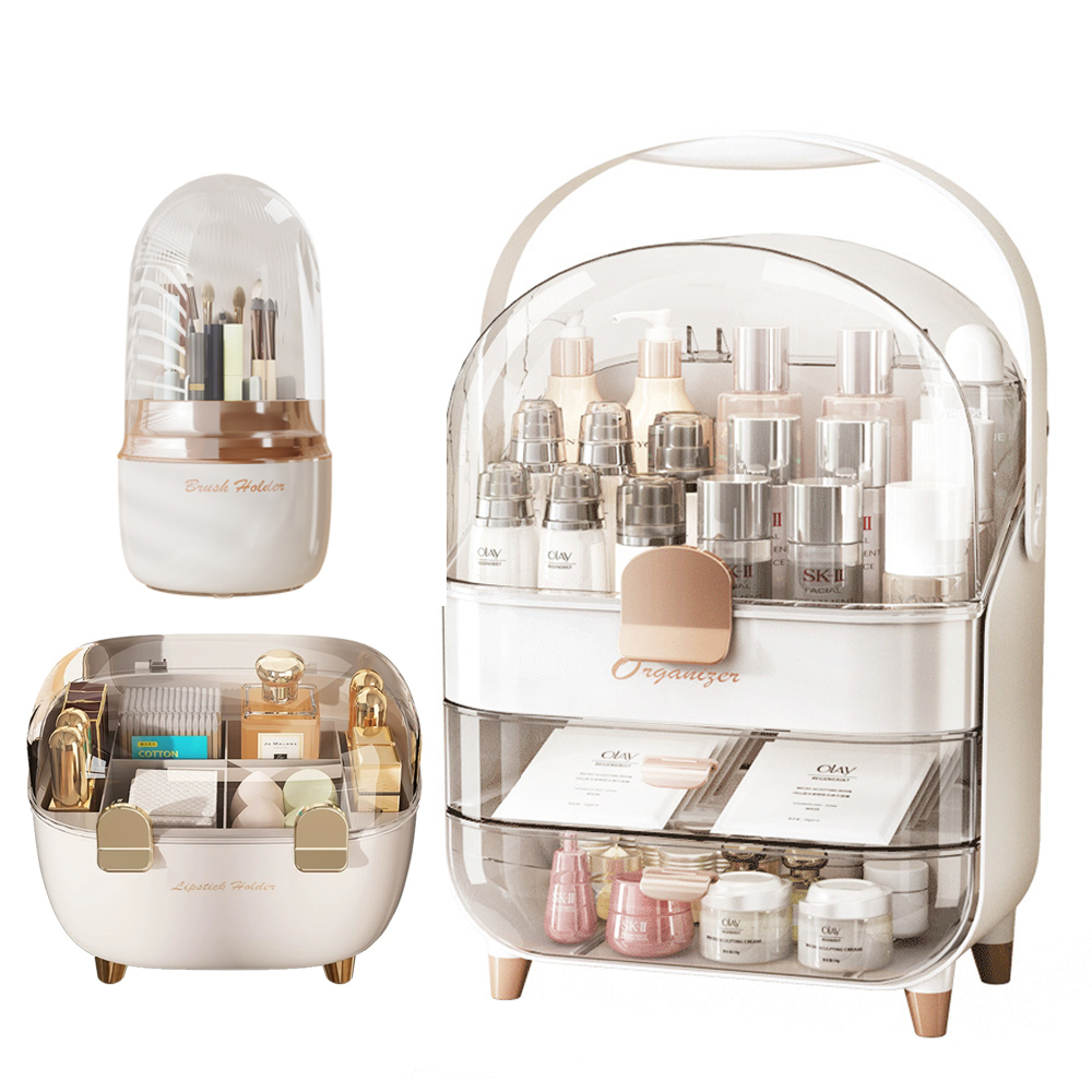 3 Pcs Makeup Organizer with Make up Brush Holder &amp; Lipstick Storage Box for Bathroom Vanity 2 Drawer Cosmetic Display Case