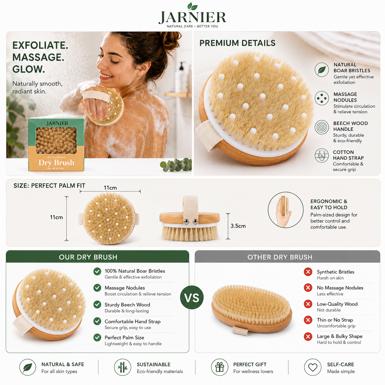 Jarnier Custom Logo Round Bamboo Wooden Body Brush Natural Bristle Facial Cleansing Brush For Skin Exfoliating And Dry Brushing