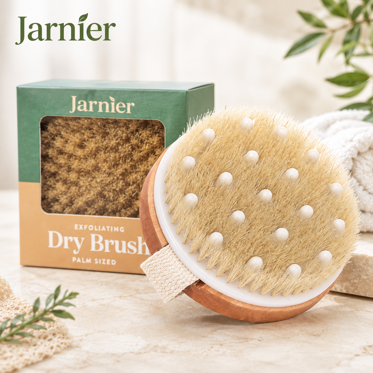 Jarnier Custom Logo Round Bamboo Wooden Body Brush Natural Bristle Facial Cleansing Brush For Skin Exfoliating And Dry Brushing