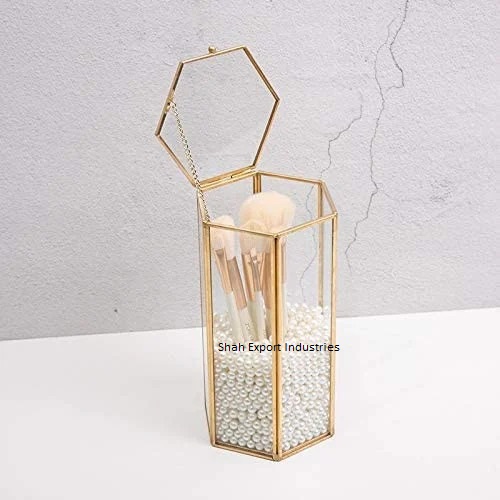 Set of 2 Gold Makeup Brush Holder Organizer Brass/Glass Makeup Brush Cup Vintage Style Cosmetic Brushes Holder