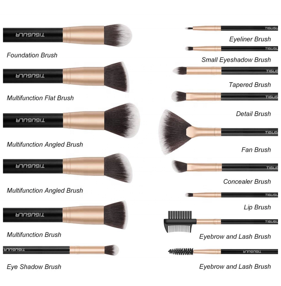 Eye Rose Gold Vegan Goat Hair Professional 15-Piece Makeup Brush Set with Wood Handles Shiny Aluminum Ferrule &amp; Includes Bag