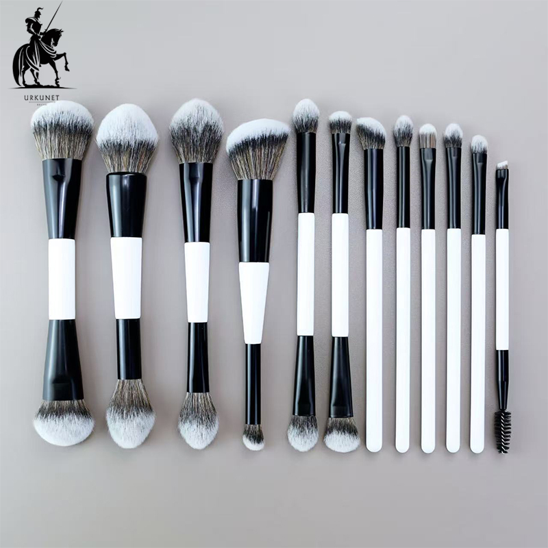 12PCS Dual End Synthetic Hair Vegan Makeup Brushes Private Label Double Ended Black White Makeup Brush Set