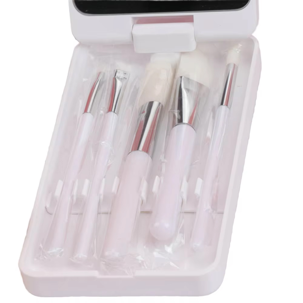 MV Travel Makeup Brush Set with LED Light Mirror 5-Piece Synthetic Hair Face Makeup Kit with Holder Case and Mirrors