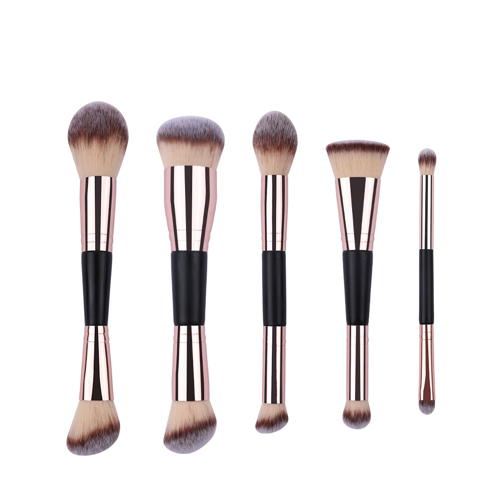 5 Piece Dual Ended Makeup Brush Set Ultra Soft Synthetic Bristles Matte Black Wood Handle Rose Gold Ferrule Travel Friendly